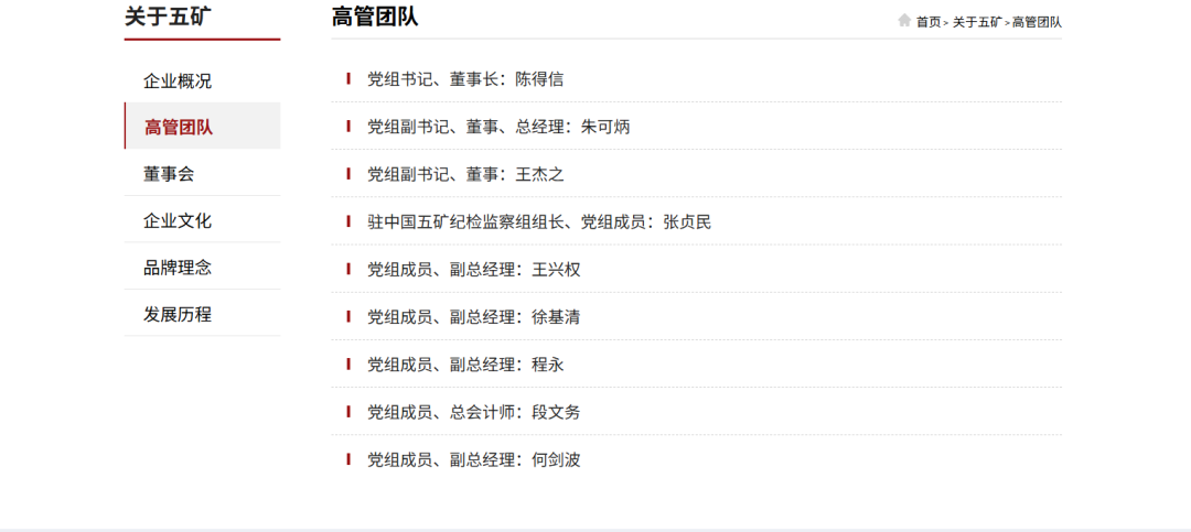 中国五矿集团官网高管团队页面